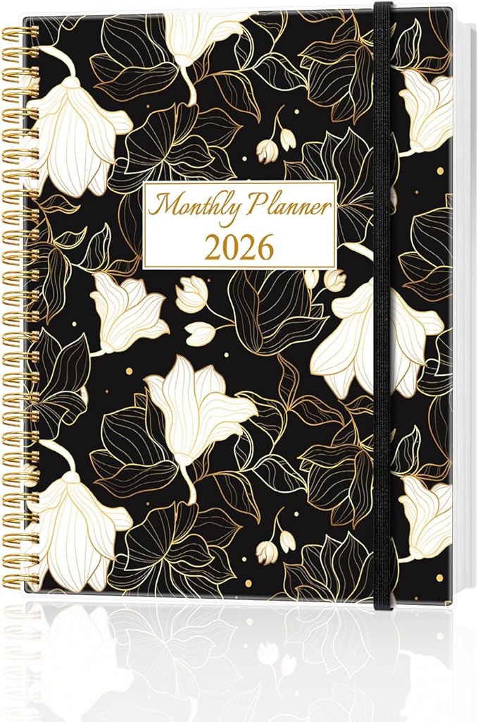 Monthly Planner 2026 - Monthly Calendar from January 2026 to December 2026, 2026 Planner with Inner Pocket, Elastic Band, 8.5" x 11", White Gold Flower