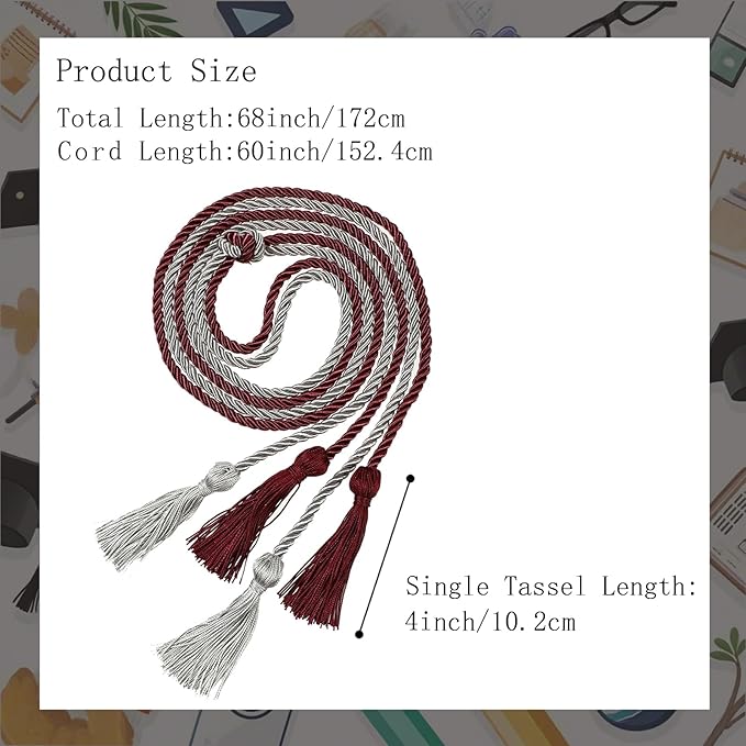 Graduation Double Honor Cords with Tassels Braided Academic Ropes for High School College Ceremony 68 Inch (Maroon+Grey)