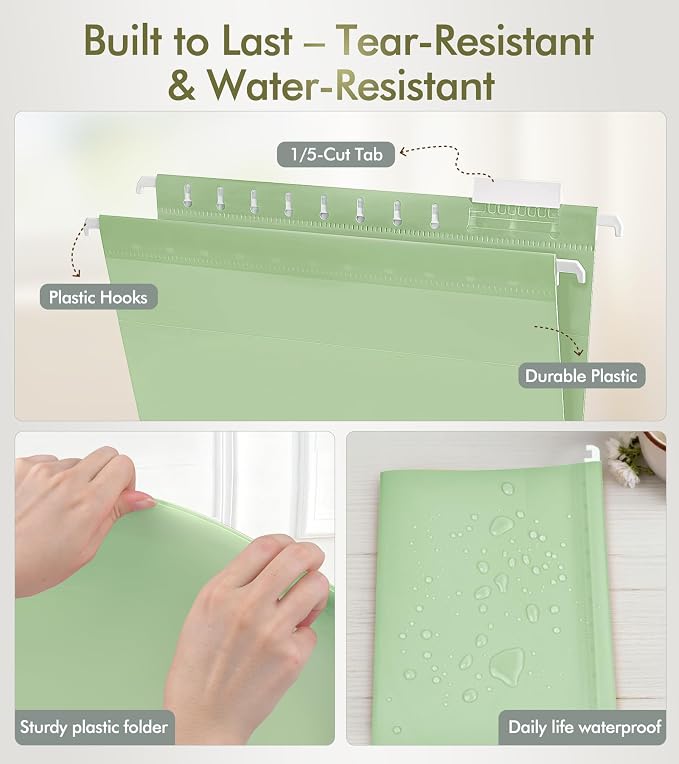 Plastic Hanging File Folders Letter Size, Colored Hanging File Folders with Tabs, Durable Waterproof Plastic Hanging Folders for Filing Cabinets, Office, School & Home Organization (15, Green)