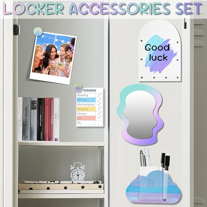 Locker Accessories Iridescent Set, (Acrylic Magnetic Whiteboard, Irregular Mirror, Pen Holder, Marker, Magnetic Clips) School Locker Decor, Work Locker Organizers
