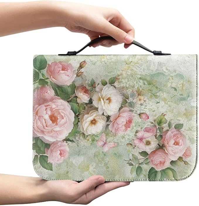 Pink Flower Print Bible Carrying Case for Girls Book Protector for Book Lovers Bible Study Supplies Accessories Christian Gifts for Women Large Quilted Bibles Case with Handle-L