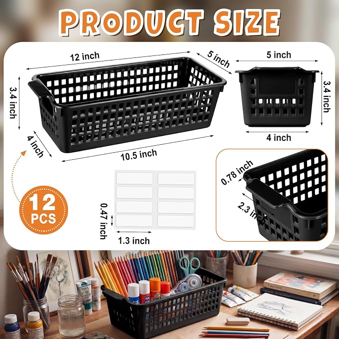 Domensi Black 12 Pcs Slim Plastic Storage Baskets for Organizing 11.6" x 5" x 3.4" Small Narrow Storage Bins with Handles & Label Area Thin Pencil Trays for Bathroom Drawer Office Desk Closet