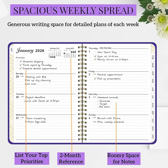 Planner 2026,Monthly and Weekly Agenda Calendar Planner,Jan 2026 to Dec 2026,A5 (6.3" x 8.5"),Hardcover Spiral Daily Planning Book with Tabs,for Office Home School Women & Men,Purple