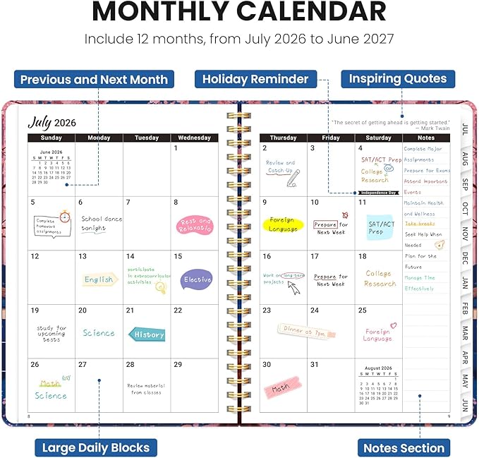 2026–2027 Academic Planner, Weekly and Monthly Planner for Women, July 2026 - June 2027, Pretty Hardcover 2026–2027 Academic Planner with Tabs, Inner Pocket, Spiral Bound, Perfect Office Home School Supplies - 6.3" x 8.5", Florist Cat