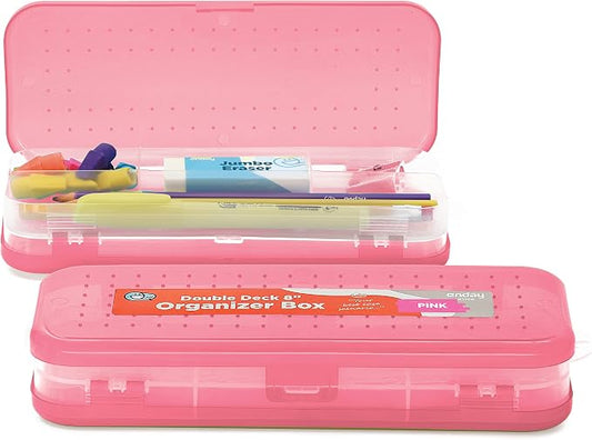 Enday Pencil Box Pink, Plastic Double Deck Pencil Case with 7 Compartments, Box Organizer with Snap Closure for Home and Office