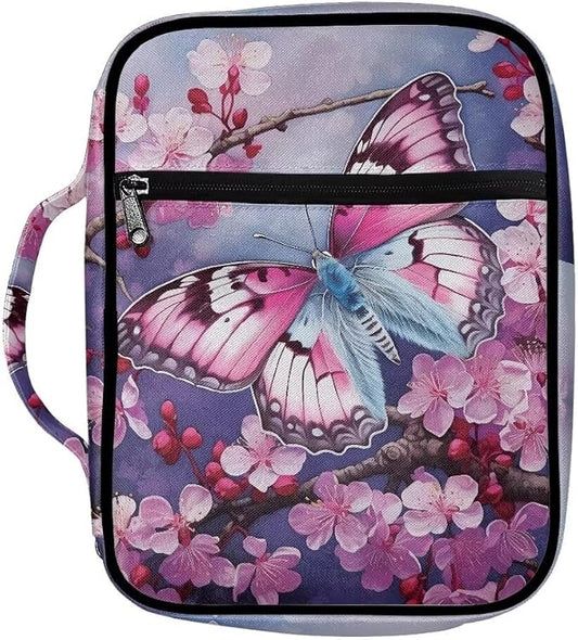 Coldinair Butterfly Bible Cover for Women Nylon Bible Holder Carrier Peach Blossom Carrying Organizer Bible Bag, Zipper and Pockets for Standard Large Size Bible