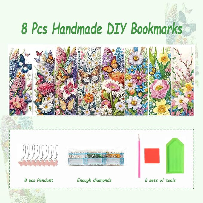 8 Pcs 5D Diamond Art Bookmarks for Reading Lovers, Handmade DIY Diamond Painting Book Marks with Tassels for (Flower)
