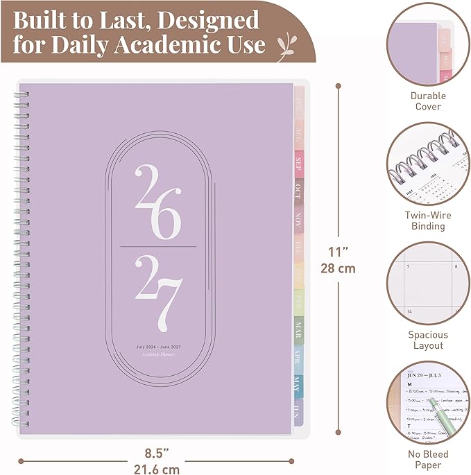 Rileys Academic Planner 2026-2027, Daily, Weekly & Monthly Planner, July 2026 - June 2027, Student Notes Pages, Twin-Wire Binding, Weekly Agenda for School & Work (8.5 x 11-Inches, Lilac)