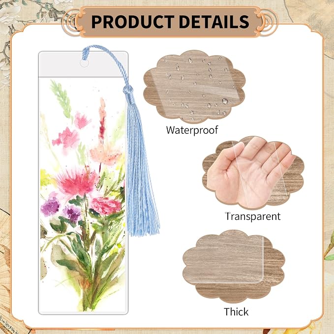 60 Sets Kraft Paper Blank Bookmarks with Tassels, Cardstock DIY Bookmark Making Kit, DIY Projects Party Favor Gift Tag Bulk PVC Tags, 60 Bookmarks 60 Clear Bookmark Sleeves 60 Tassels
