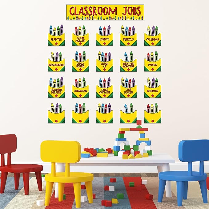 FYSUIMU Crayon Class Jobs Bulletin Board Set Colorful Classroom Jobs Pocket Chart with Name Cards Teacher's Helper Chalkboard Decor for Back to School Teacher Students Supplies, 71Pcs