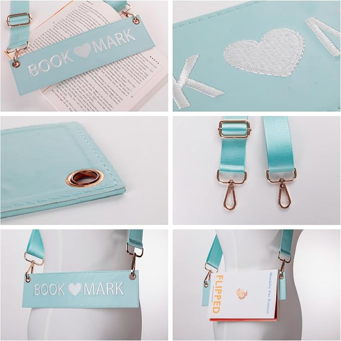 Detachable Strap Bookmark, Embroidered Leather Bookmarks for Women, Unique Cool Funny Bookmarks Carrier for Women, Readers, Book Lovers (Blue)