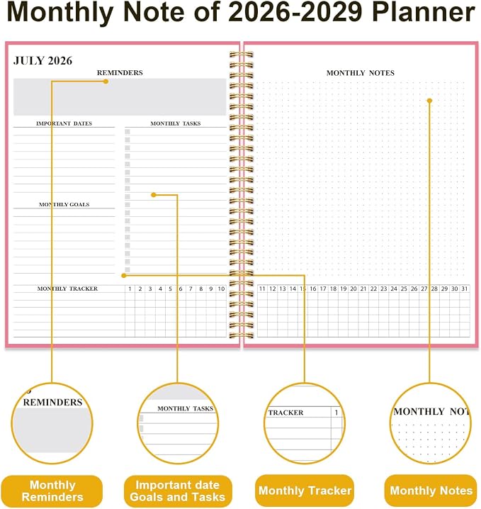 2026-2029 Monthly Planner, 3 Years Calendar from July 2026 - June 2029 with Spiral Binding, Inner Pocket, Elastic Closure, 33 Month Planner for Home | School | Office, 8.5" x 11", Pink