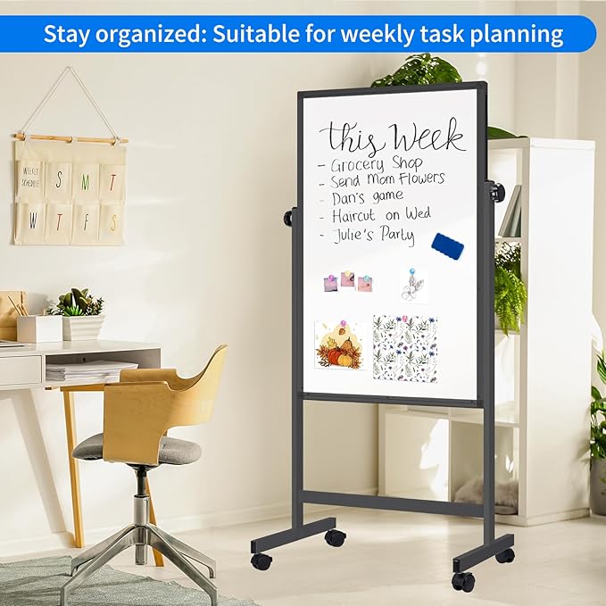 maxtek Rolling White Board, 48 x 32 Height Adjustable Whiteboard on Wheels, Large Magnetic Standing Mobile Easel Board, Double-Sided with Stand for Office, Home, and Classroom（Black）