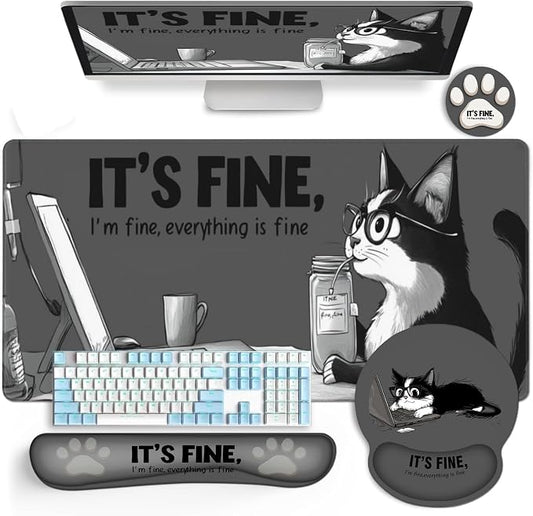 AQQA Funny Keyboard Mouse Pad Set,XXL Mouse Mat+Keyboard Wrist Rest Support, Cat Ergonomic Mouse Pad with Wrist Rest, 4 Pcs Cute Office Desk Accessories,35.4×15.7 in