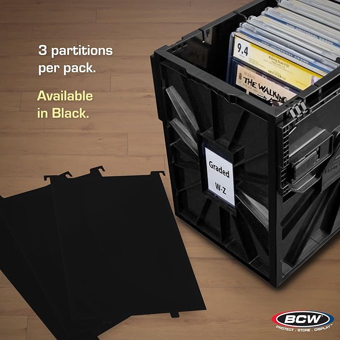 BCW Graded Comic Bin Partitions - Black, 3 Pack | Exclusive Organizer Graded Comic Book Bins only (not for Standard Bins) | Notched and Tabbed, Dividers | Smooth Plastic for Easy Labeling