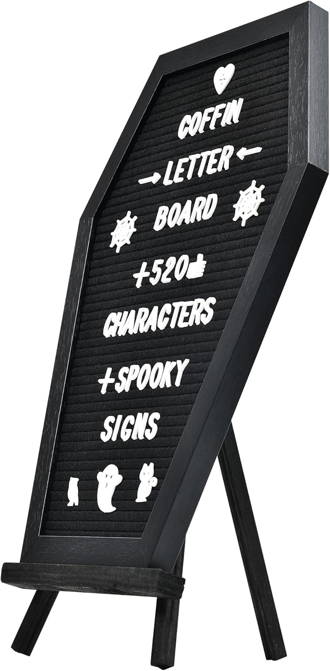 Coffin Letter Board - 520 Characters Spooky Halloween Characters with Wooden Stand and Canvas Bag - 16x11 Inches - Felt Message Board for Home Office Halloween Supplies & Decor (Black)