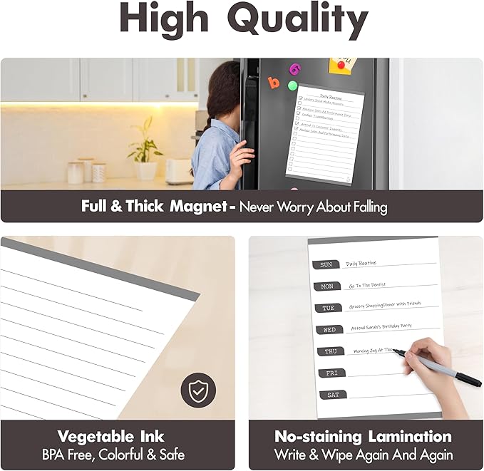 Magnetic Weekly Calendar, 3 PCS Dry Erase Weekly Planner, Notes, Grocery List & To Do List, Erasable Planner Organizer for Refrigerator, Family, Kitchen, Office, Classroom