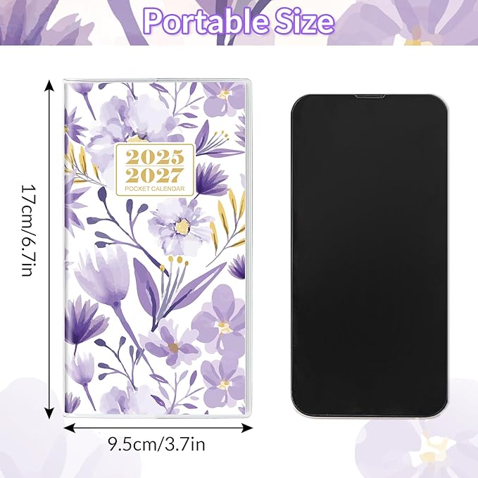 KONVINIT Pocket Calendar 2025-2027, Purple 2025-2027 Monthly Planner - 3.7" x 6.7" - Runs from July 2025 Until December 2027, Small Pocket Calendar 2026 with PVC Cover for Planning