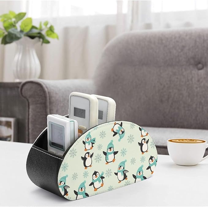 TV Remote Holder with 5 Compartments, PU Leather Desktop Organizer for Bedside Table, Office, and Living Room, Animal Penguin Cute Penguins