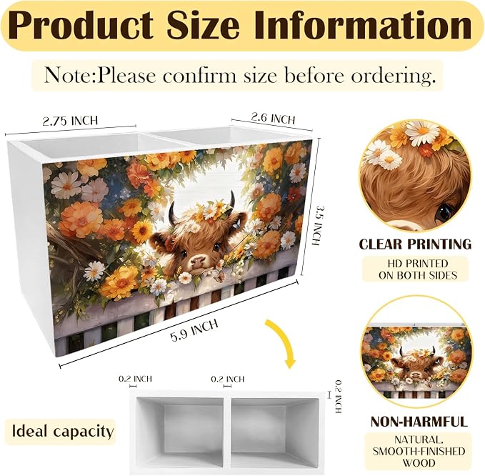 Highland Cow Floral Pen Holder for Desk, Highland Cow Gifts Pencil Organizer, Farmhouse Wildflower Heifer Wooden Box Sign Desk Decor for Girls Nursery Home Office Decoration