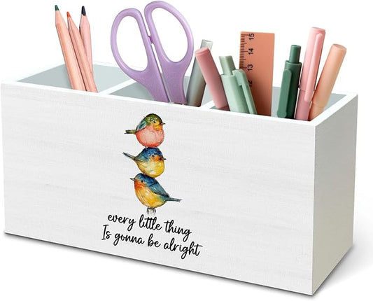 DILSJ Inspirational Bird Pen Pencil Holder Organizer for Desk, Inspirational Gifts for Women, Every Little Thing is Gonna Be Alright Wooden Box Signs for Home Office Desk Tabletop Decoration