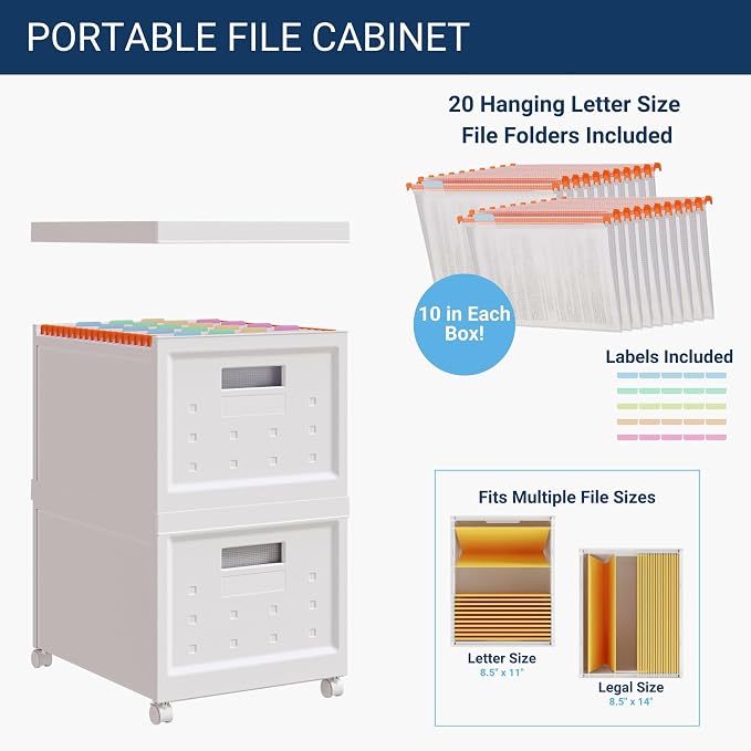 Collapsible Stackable Rolling File Boxes with Lids and 10 Hanging Files, Portable Plastic Storage Organizer with wheels for Home or Office, 2-Pack