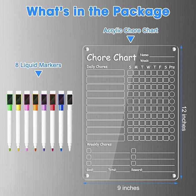 Acrylic Chore Chart Clear Dry Erase Checklist Chore Boars for Family Chores Checklist Reward Chart Responsibility Chart, 12x9'', 1 Pack