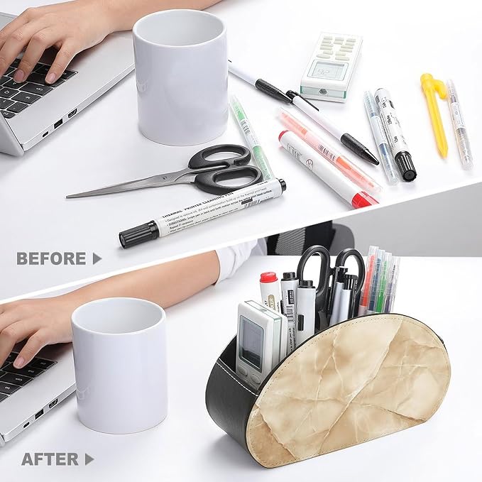 Beige Marble Remote Control Holder with 5 Compartments Leather TV Remote Caddy Remote Storage Box Desktop Organizer for Pen/TV Remotes/Media Controllers/Office Supplies