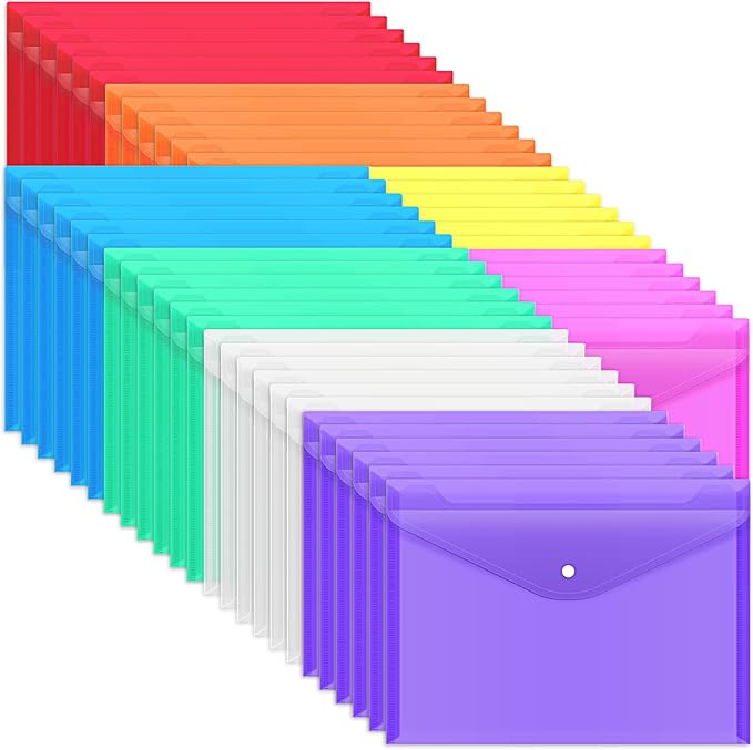 EOOUT 48 Pack Plastic Envelopes Poly Envelopes with Snap Closure, Clear Document File Folders, A4 Letter Size for School Home Work Office Organization, 8 Colors
