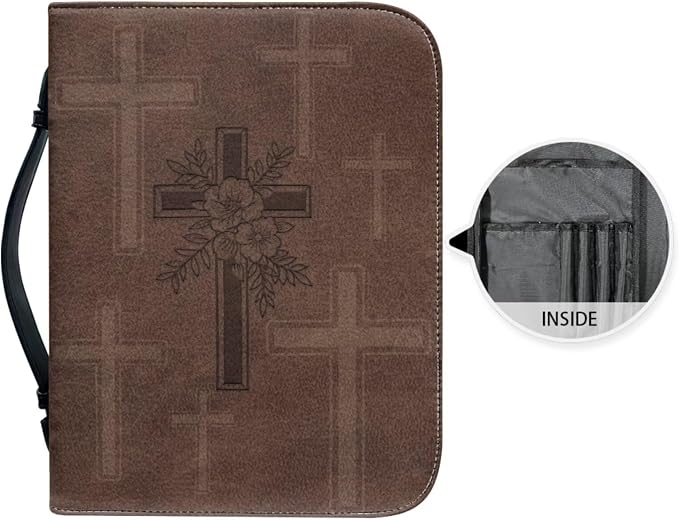 Vintage Religious Cross Bible Case with Bookmark Waterproof Bible Cover Case for Women Lightweight Bible Bag with Handle Pockets Church Book Bag Brown