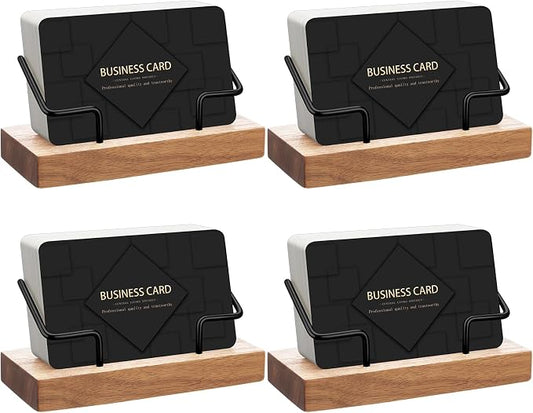 Amyhill 4 Pcs Wood Business Card Holder Display for Desk Metal Wooden Name Card Organizer Business Display Holders for Women Men Office Home Decoration(Wood Color)