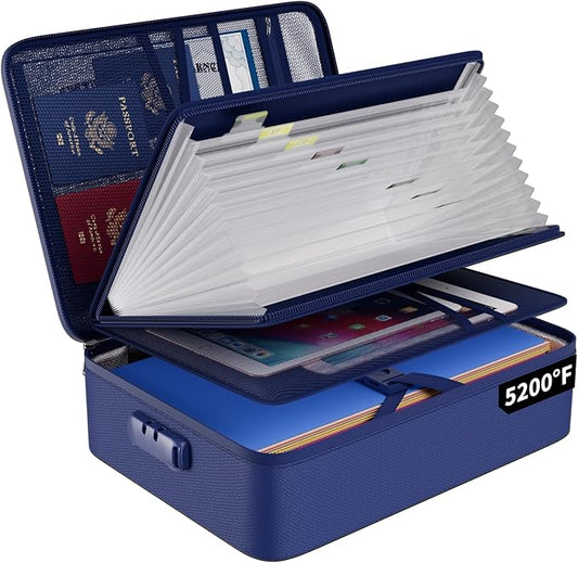 ENGPOW 5200℉ Fireproof File Organizer Bag with 13 Pocket Accordion File Folder,Document Organizer Box with Lock&Labels,Multi-Layer Portable Home Travel Safe Storage Box for Important Documents,Blue