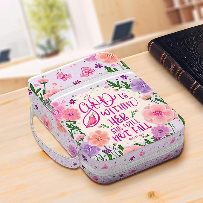 God Is Within Her Bible Cover for Women, Floral Canvas Bible Case with Handle and Zipper Pocket, Fits Standard Size, Christian Gift for Girls and Bible Study Use