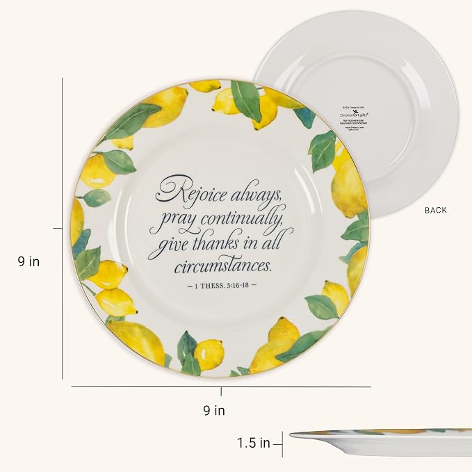 Christian Art Gifts Round 9" Decorative White Ceramic Salad & Dessert Plate for Home & Kitchen: Rejoice Always Inspirational Bible Verse, Food Safe Novelty Kitchenware, Gold Rim, Bright Yellow Lemons