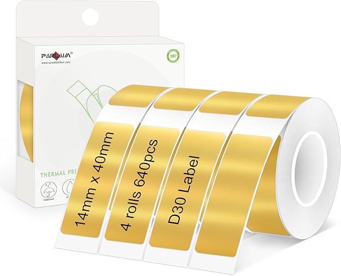 PARLAIM 14 X 40mm (0.55"x1.57") Tear-Resistant Thermal Label, 4 Rolls 640pcs OEM Label Tape Replacement Compatible with D30 Label Maker Perfect for Home/Office/School, Bright Gold