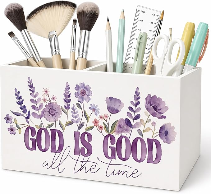 Purple Floral Christian Pen Pencil Holder for Desk Christian Gifts for Women, God is Good All the Time Bible Verse Pencil Holders Wooden Box Organizer for Home Office Bedroom Desk Tabletop