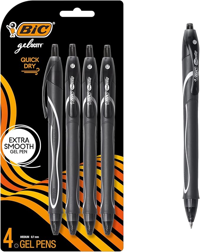 BIC Gelocity Quick Dry Black Gel Pens, Medium Point (0.7mm), 4-Count Pack, Retractable Gel Pens With Comfortable Full Grip