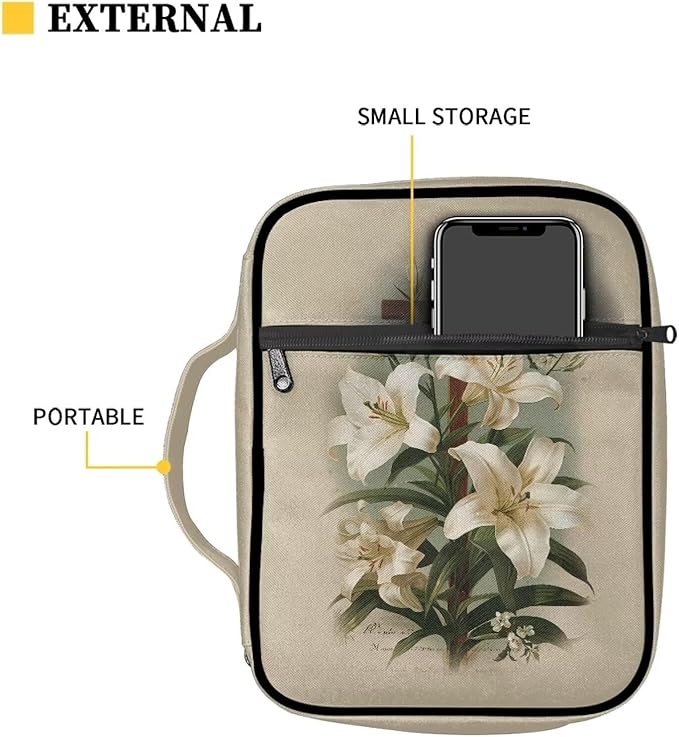 Suobstales Cross Lily Print Bible Covers for Women Men Bible Case Bible Bag and Tote Bible Accessories with Handle and Zippered Pocket Carrying Book Case