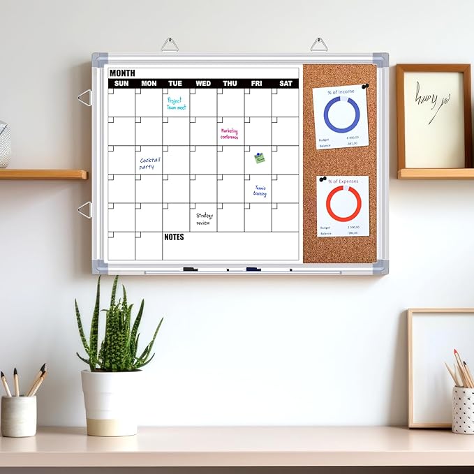 Calendar Whiteboard for Wall, 16" x 12" Double Sided Monthly Dry Erase Board Calendar for Office, Home, School, Hanging Cork Board White Board Combo, Portable Magnetic Dry Erase Planner Board
