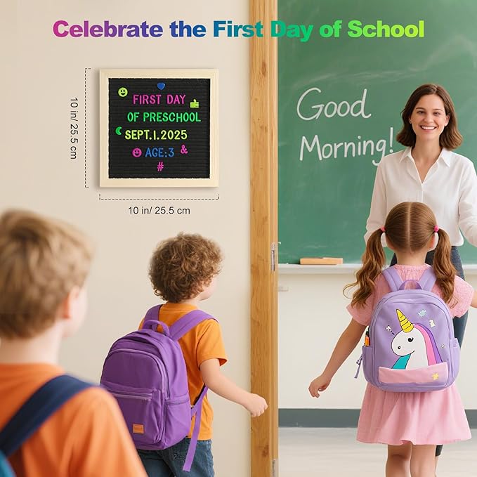 Lewondr Felt Letter Board, 10''×10'' Wooden Letter Board Sign with 680 Colored Fluorescence Letters, Changeable Message Sign with Stand for Baby Announcements, First School Day and Home Decor