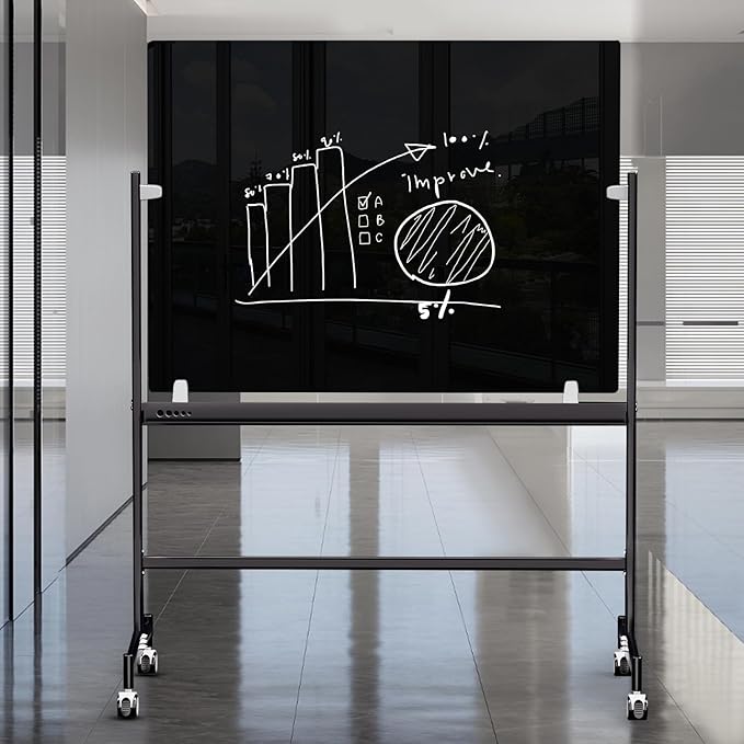 Mobile Black Magnetic Glass Board on Wheels 60x40 - Rolling Black Glass Whiteboard Height Adjust Portable Easel, Movable Tempered Glass Dry Erase Board, ZHIDIAN Large Blackboard with Stand
