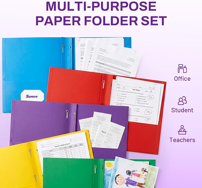 SUNEE 2 Pocket Folders with Prongs (25 Pack, Purple), Paper Folders with 2 Pockets and 3 Prongs Fit Letter Size Paper, Folders with Prongs for School Office Home Business