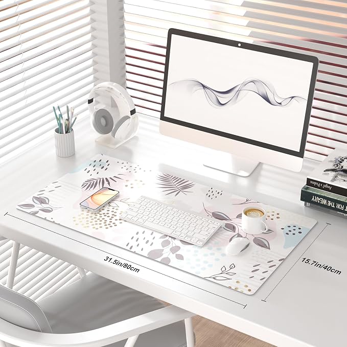 QIYI Large Mouse Pad, Extended Desk Mat for Desktop, PU Leather Waterproof Gaming Mousepad, Computer Desk Accessories Protector Writing Pads for School Office Home 31.5" x 15.7" - Abstract Leaves