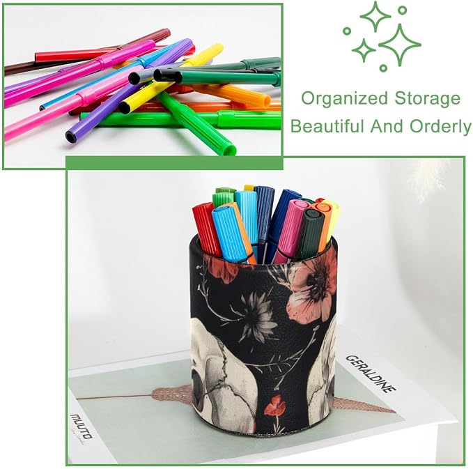 Round Pencil Holder for Desk, Skulls wiht Flowers Retro Aesthetic Pattern Large Pencil Pen Cup, Desk Accessories & Workspace Desk Organizer for Home, School, Office