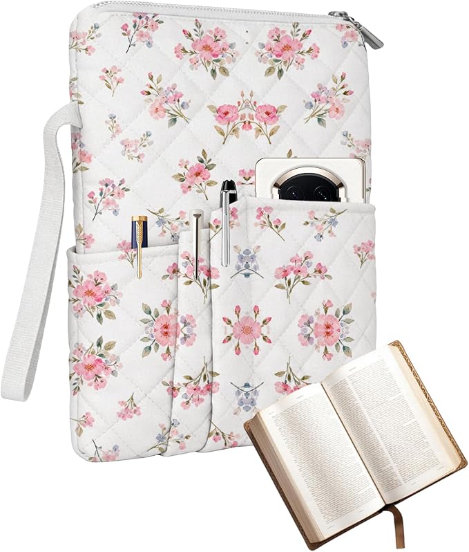 Pink Floral Quilted Bible Cover for Women, Bible Sleeve Cover with Zipper & Pen Pockets, Cute Bible Bag Book Sleeve, Washable Bible Case for Girls, Christian Gift 10x8 Inch