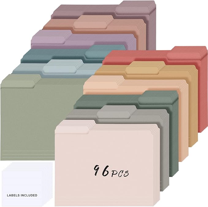 96 Pcs File Folders 9.5x11.6 Inch Manilla Folders Letter Size with 1/3 Cut Tabs 12 Colored Office Home School Organizers for Documents, Classroom Supplies and Paper Storage (Vintage Color)