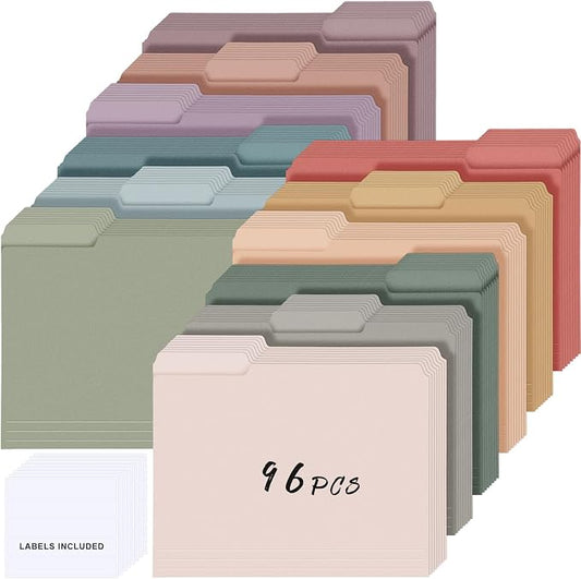 96 Pcs File Folders 9.5x11.6 Inch Manilla Folders Letter Size with 1/3 Cut Tabs 12 Colored Office Home School Organizers for Documents, Classroom Supplies and Paper Storage (Vintage Color)