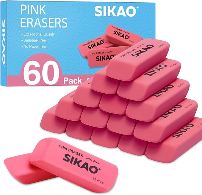 Erasers, 60 Pack Pink Pencil Erasers for Kids, Beveled Non-Smudge Bulk Erasers for Pencils, Latex-Free for Pencils, Rubber for Classroom Teachers, Art Drawing & School Supplies