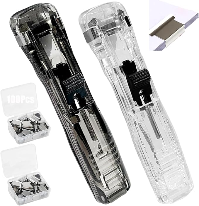 Portable Binder Clip Stapler - Includes 58 Reusable Clips, Push Binder Clip, Stapler Without Staples, 2 Pcs Handheld Reusable Push Paper Dispenser for Document School Office (100 Pcs Clips)