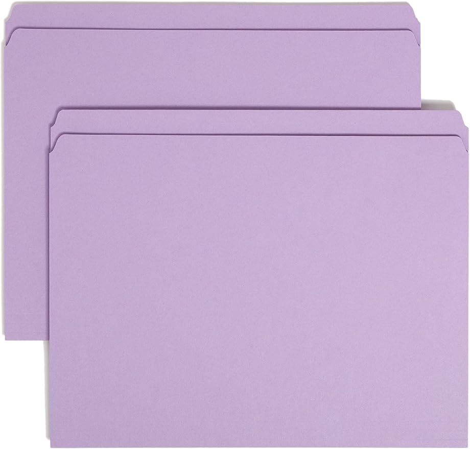 Smead File Folder, Reinforced Straight-Cut Tab, Letter Size, Lavender, 100 per Box (12410)